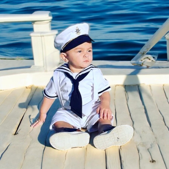 New Baby Toddler Boys Bow Accent Nautical Cap Outfit Set - Picture 2 of 15